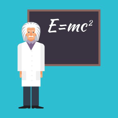 Einstein Formula blackboard yanında duruyor