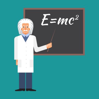 Einstein Formula blackboard yanında duruyor