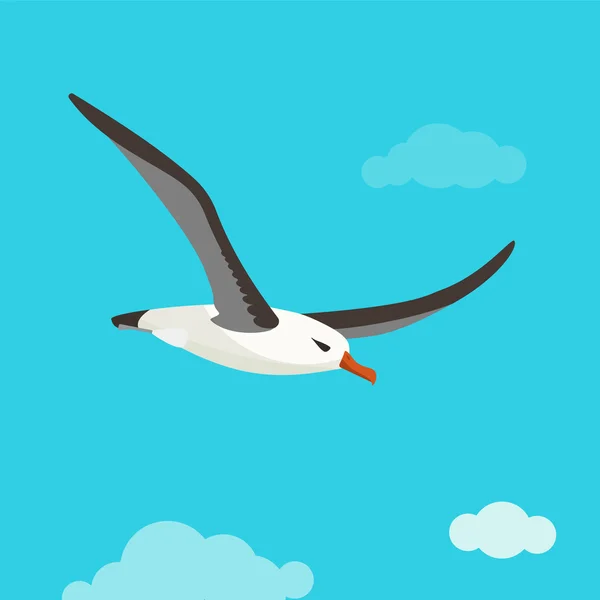 El pájaro albatros vuela en el cielo nublado — Vector de stock