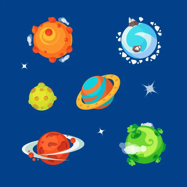 Conjunto de varios planetas alienígenas de dibujos animados es el espacio . — Vector de stock