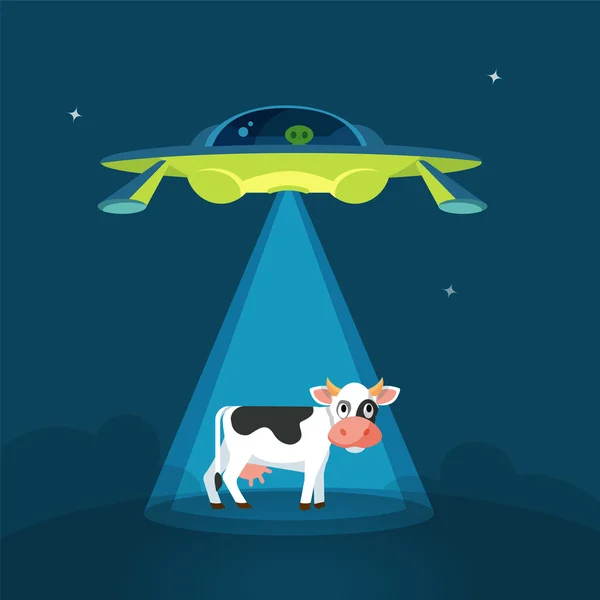 Cartoon funny aliens spaceship abducts the cow — Stock Vector