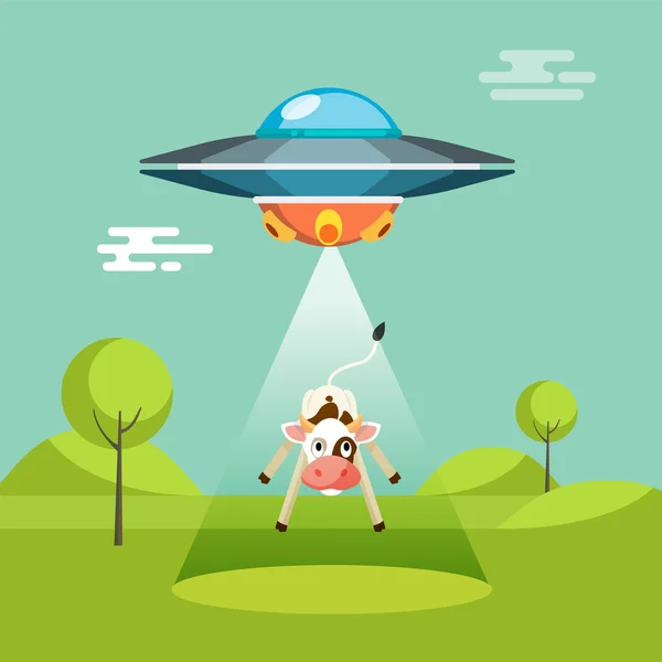 Cartoon funny aliens spaceship abducts the cow — Stock Vector