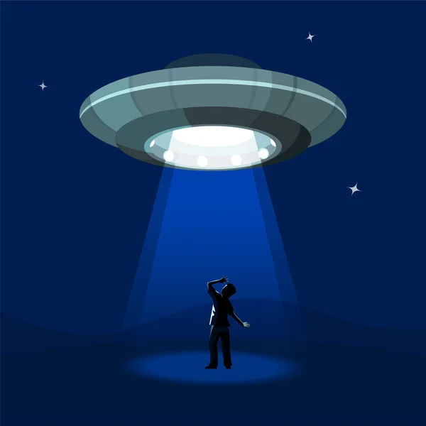 エイリアンの宇宙船が夜の雲の下で男を拉致します。 — ストックベクタ