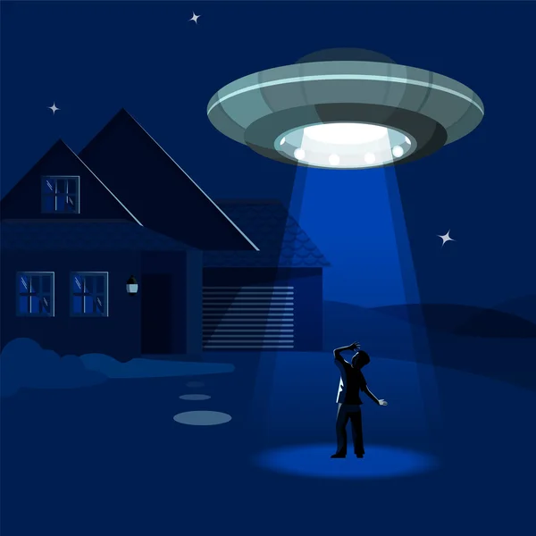 Aliens spaceship abducts the man under cloud of night — Stock Vector