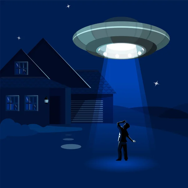 Aliens spaceship abducts the man under cloud of night — Stock Vector
