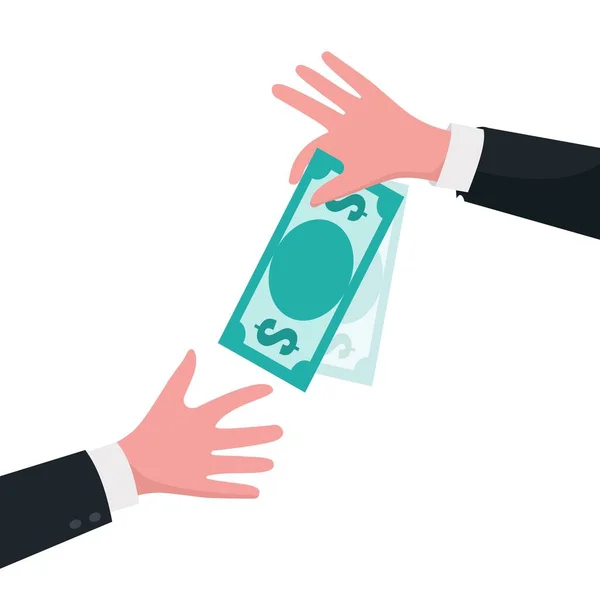Gib Geld. Hand gibt Dollars an andere Hand. Illustration des Vektor der Unternehmensfinanzierung — Stockvektor