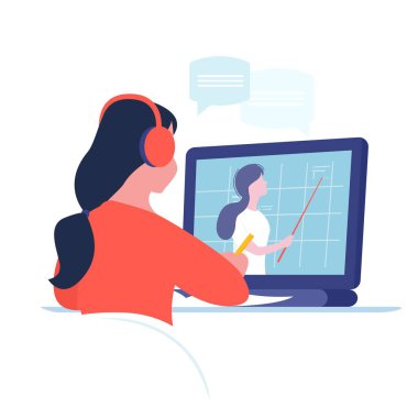 Eğitim online konsepti. Evde dizüstü bilgisayarla ders çalışan bir öğrenci. Vektör