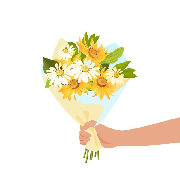 Persona dando ramo de flores. Concepto de romance y regalo. Vector — Archivo Imágenes Vectoriales