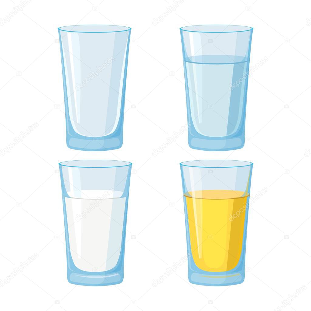 Glass of water, juice and milk and empty set. Vector