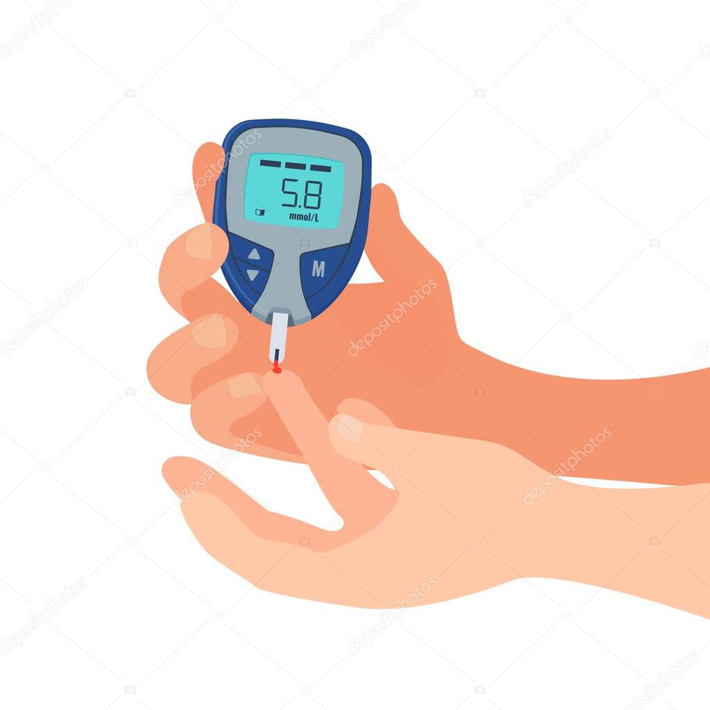 Person do glucose test. Measuring sugar in blood concept. Vector