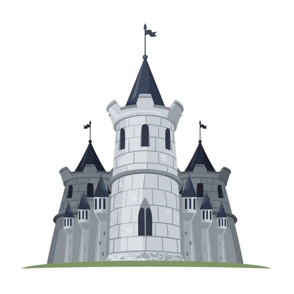 Castillo de dibujos animados con banderas. Edificio de fantasía de la torre del reino. Vector — Vector de stock