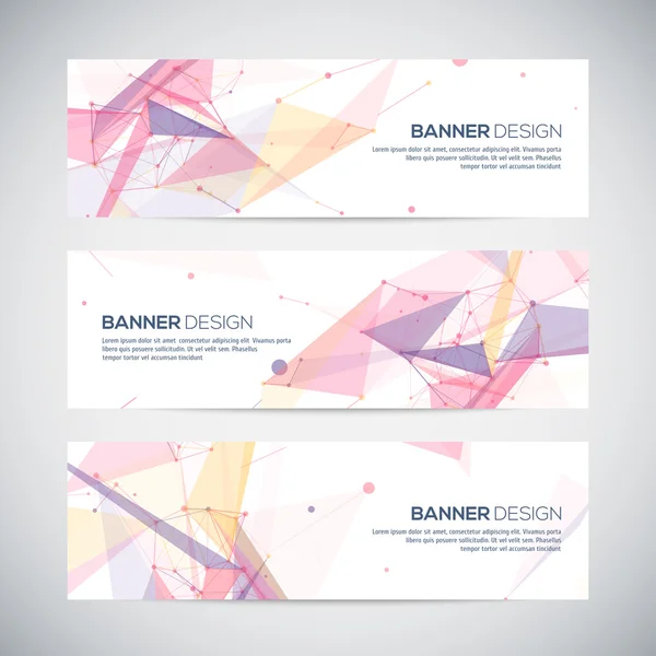 Vector banners set with polygonal abstract shapes, circles, lines, triangles — Stock Vector