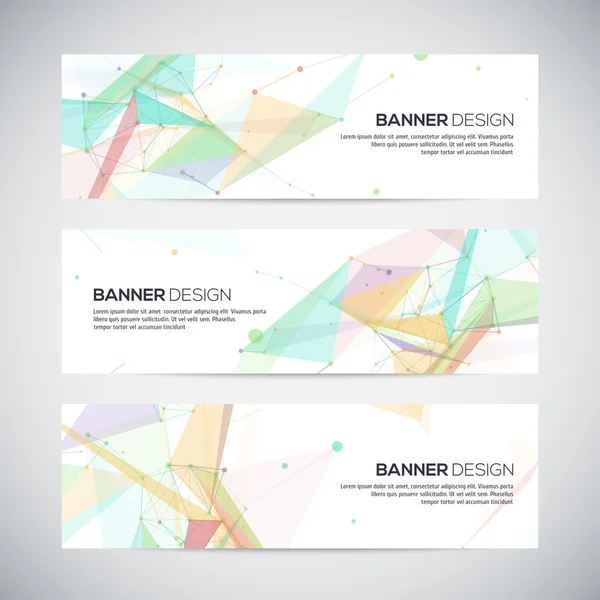 Vector banners instellen met veelhoekige abstracte vormen, lijnen, cirkels en driehoeken — Stockvector