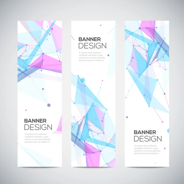 Vector vertical banners set with polygonal abstract shapes, circles, lines, triangles — Stock Vector