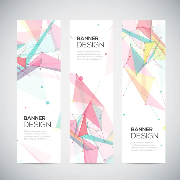 Vector vertical banners set with polygonal abstract shapes, circles, lines, triangles — Stock Vector