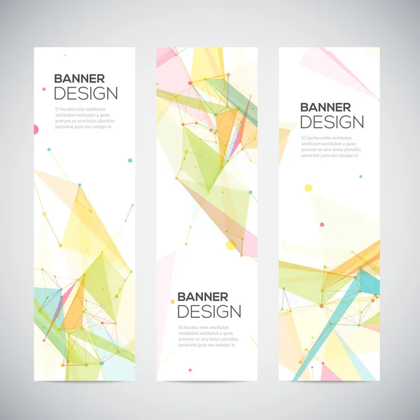 Vector vertical banners set with polygonal abstract shapes, circles, lines, triangles — Stock Vector