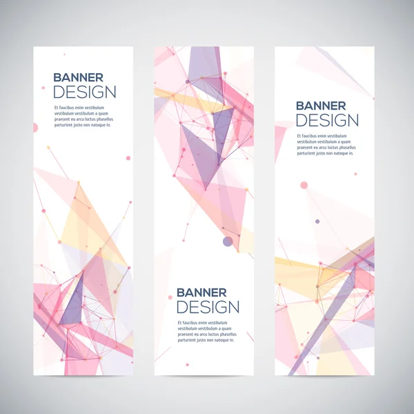 Vector vertical banners set with polygonal abstract shapes, circles, lines, triangles — Stock Vector