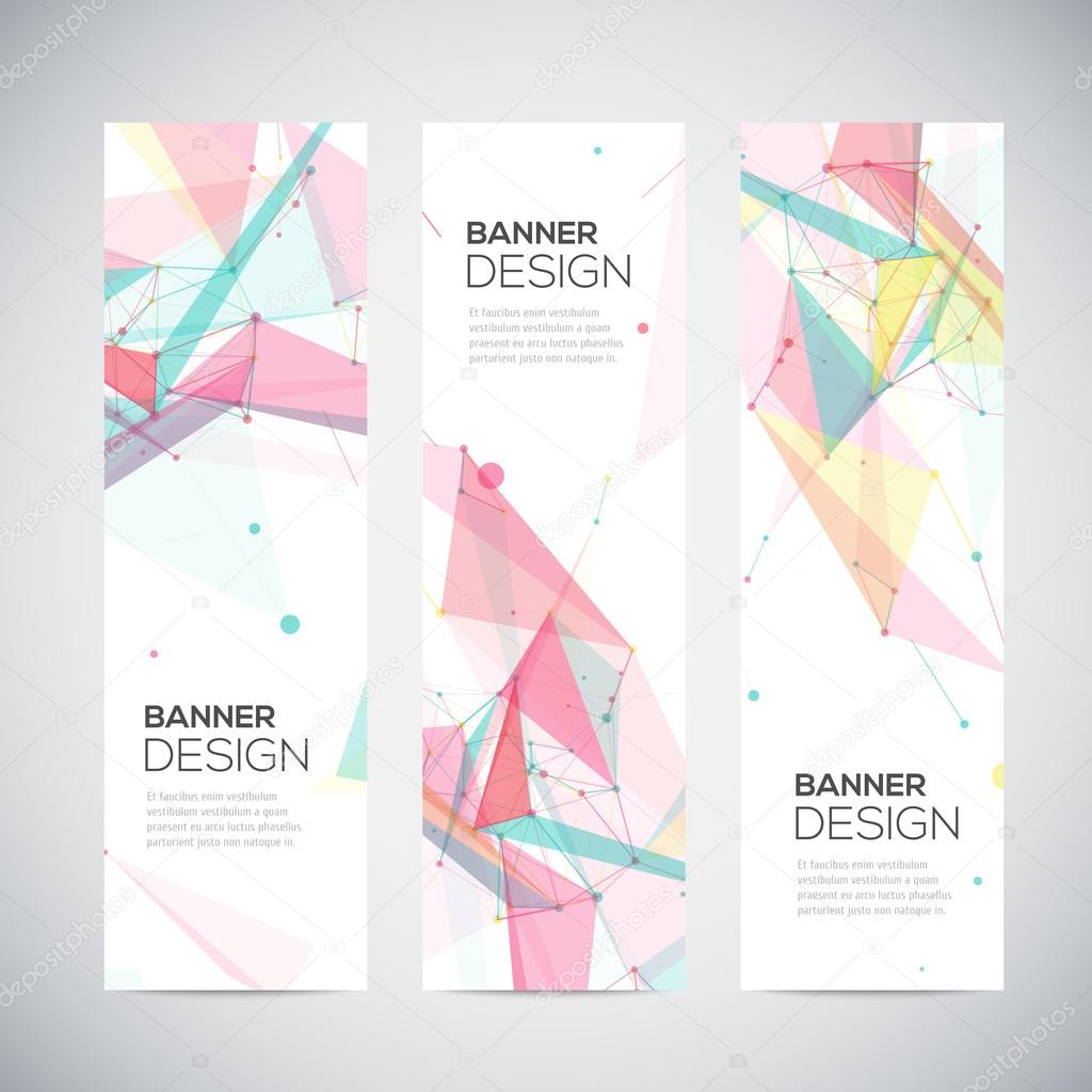 Vector vertical banners set with polygonal abstract shapes, circles, lines, triangles
