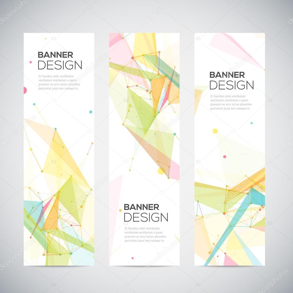 Vector vertical banners set with polygonal abstract shapes, circles, lines, triangles