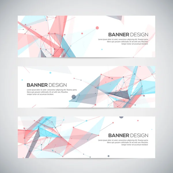 Vector banners set with polygonal abstract shapes, circles, lines, triangles — Stock Vector