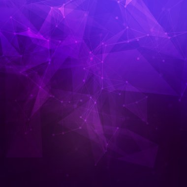 Abstract low poly dark purple bright technology vector background. Connection structure. Vector data science background. Polygonal vector background. Molecule And Communication Background.