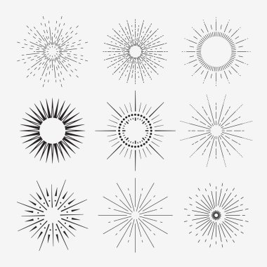 9 Art deco vintage sunbursts collection with geometric shape, light ray. Set of vintage sunbursts in different shapes.