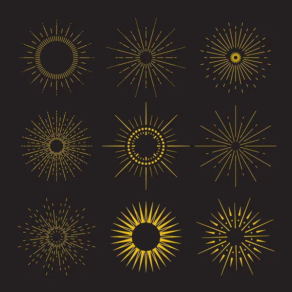 9 Art-Deco-Vintage-Kollektion Sunbursts mit geometrischer Form, Lichtstrahl. Reihe von Vintage-Sonnenstürmen in verschiedenen Formen. — Stockvektor