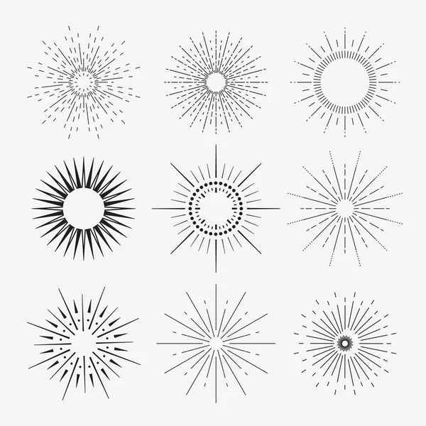 9 Art deco vintage sunbursts collection with geometric shape, light ray. Set of vintage sunbursts in different shapes. — Stock Vector