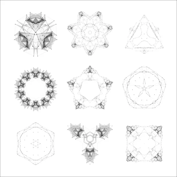Set di forme geometriche, forme a bassa poli, triangoli, disegno di linea, vettore. Elementi vettoriali guilloché . — Vettoriale Stock