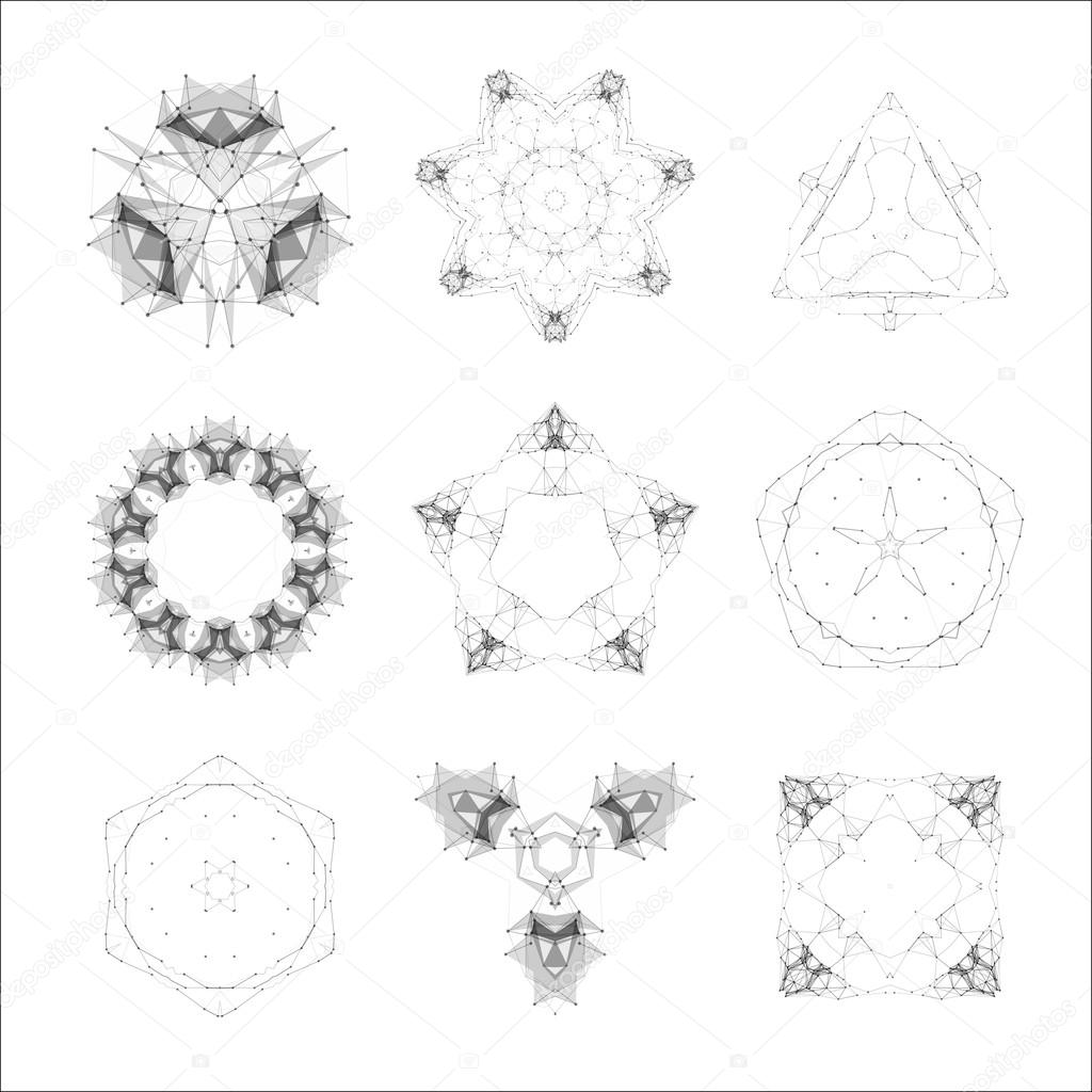 Set of geometric shapes, lowpoly shapes, triangles, line design, vector. Guilloche vector elements.