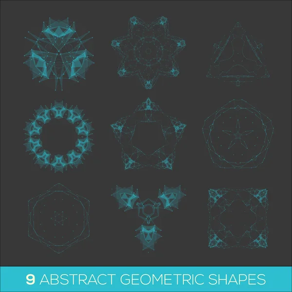 Set of geometric shapes, lowpoly shapes, triangles, line design, vector. Guilloche vector elements. — Stock Vector