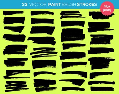 33 vector paint brushes. Ink strokes, paint splash set. Grunge watercolor broad brush strokes. With color abstract background.