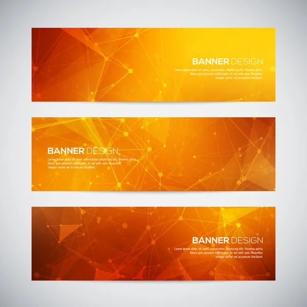 Vector banners set met veelhoekige abstracte vormen, lijnen, cirkels, driehoeken. Abstract veelhoekige laag poly banners met stippen en lijnen met elkaar verbindt. Verbinding structuur. Vector wetenschap achtergrond. — Stockvector