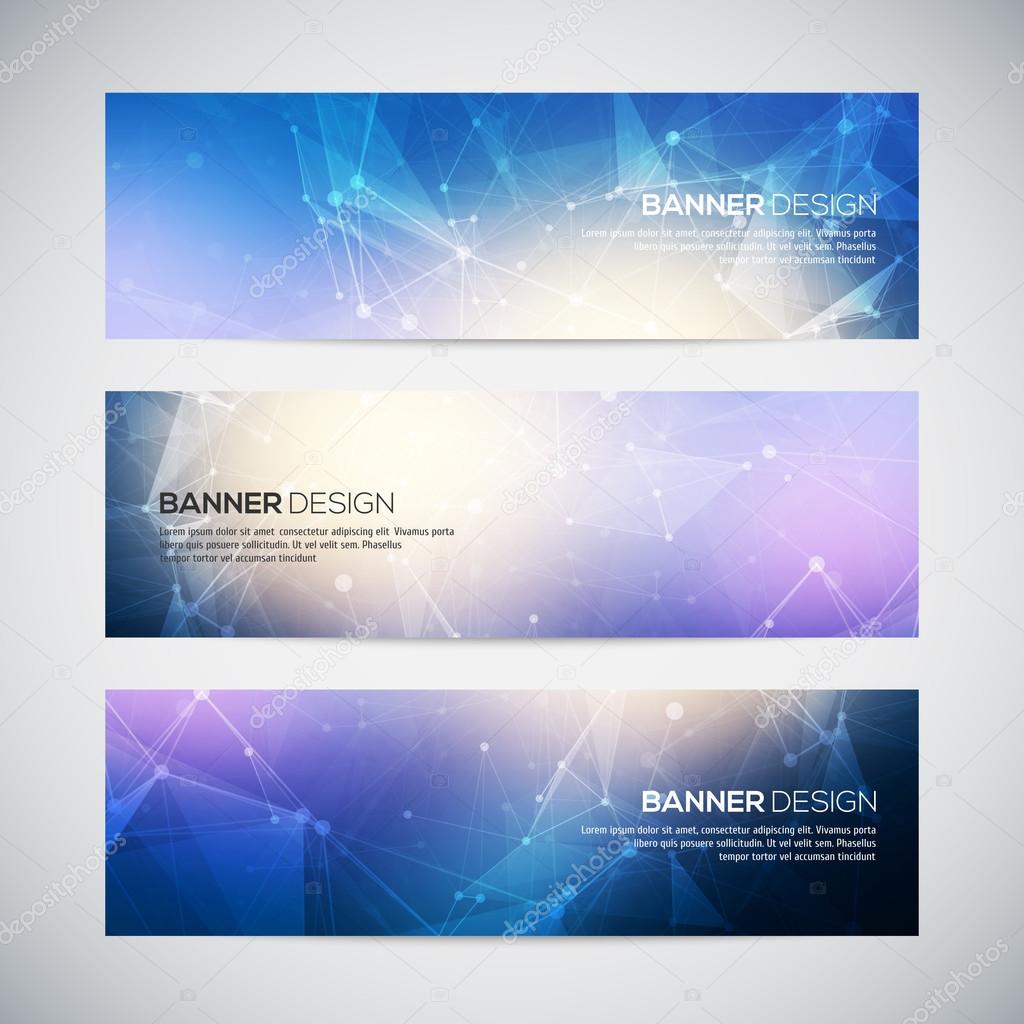 Vector banners set with polygonal abstract shapes, with circles, lines, triangles. Abstract polygonal low poly banners with connecting dots and lines.