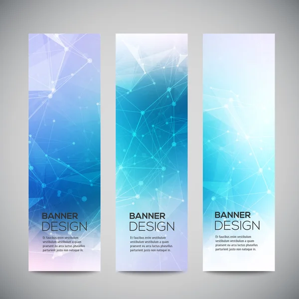 Vector vertical banners set with polygonal abstract shapes, with circles, lines, triangles. Polygonal banners — Stock Vector