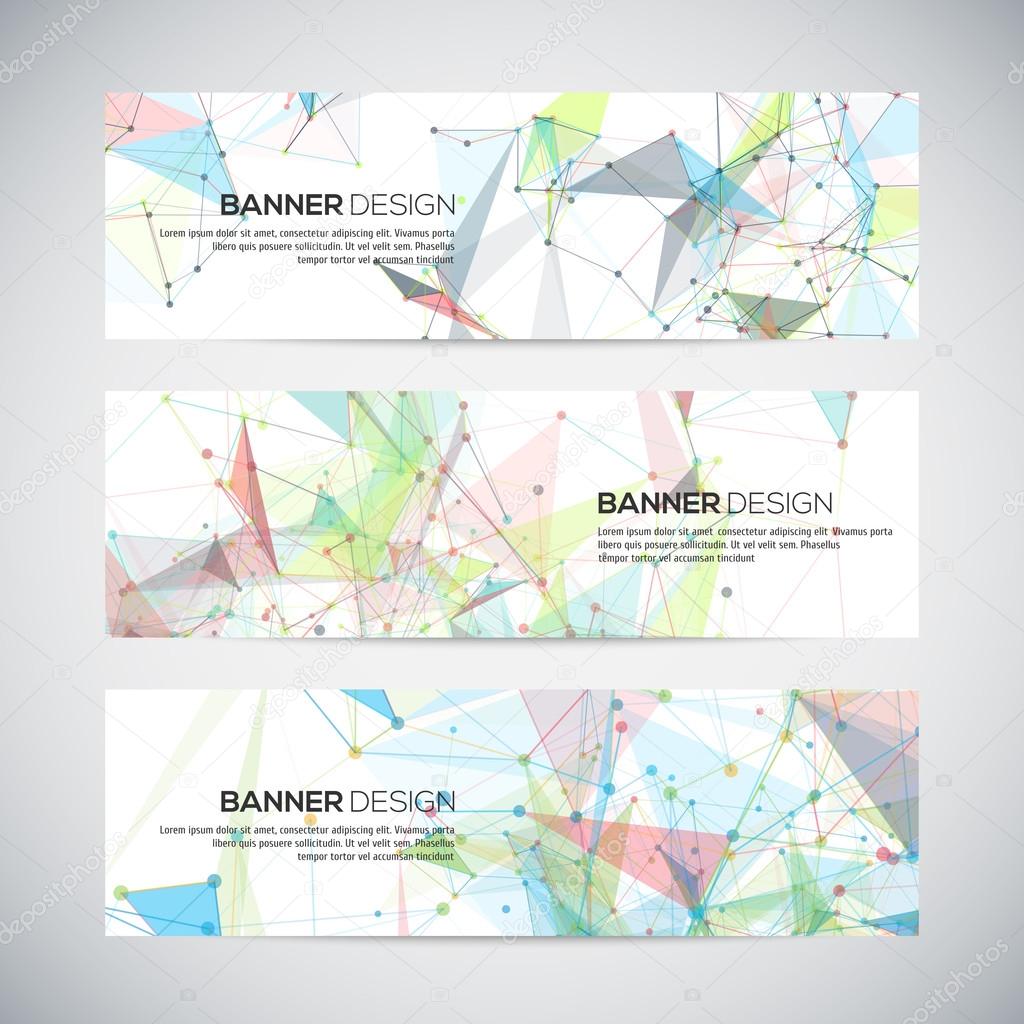 Vector banners set with polygonal abstract shapes, with circles, lines, triangles