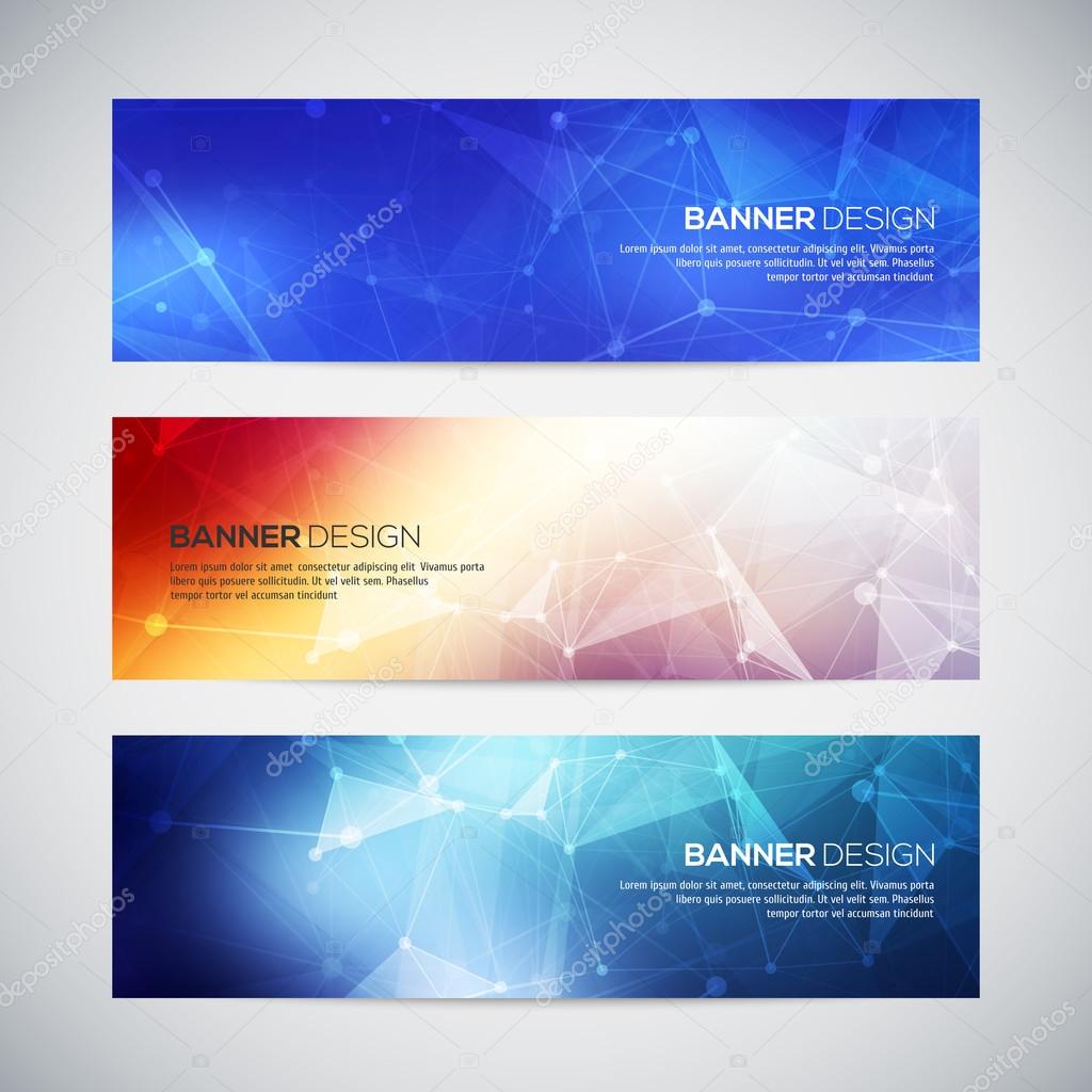 Vector banners set with polygonal abstract shapes, with circles, lines, triangles. Abstract polygonal low poly banners with connecting dots and lines. Connection structure. Vector science background.