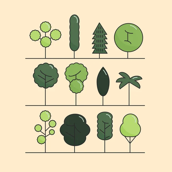 Conjunto de árvores planas modernas. Conjunto de ícones de árvore vetorial, símbolos de árvore . — Vetor de Stock