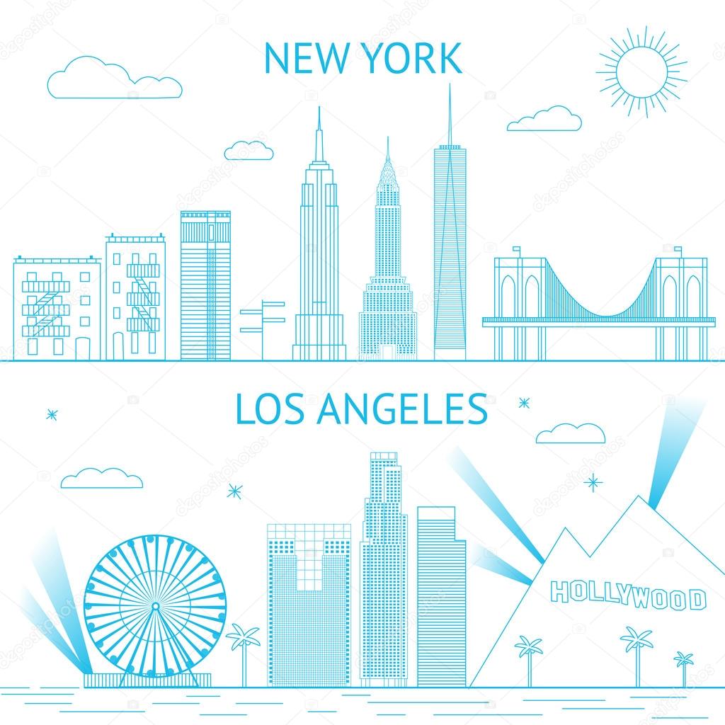 New York and Los Angeles skyline illustration in lines style.