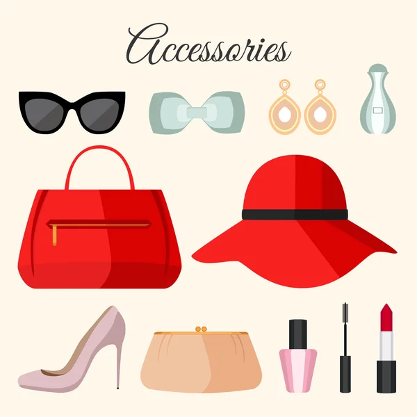 Lady fashion accessories set in flat style. — Stock Vector