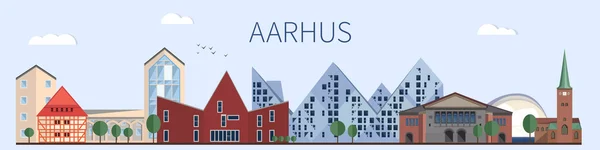 Marcos de Aarhus e monumentos em estilo plano. Linha do horizonte de Aarhus — Vetor de Stock