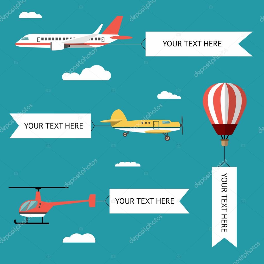 Aeroplane, planes, helicopters, biplane and hot air balloon. Set of colorful flat air transports with cloud. Vector illustration.