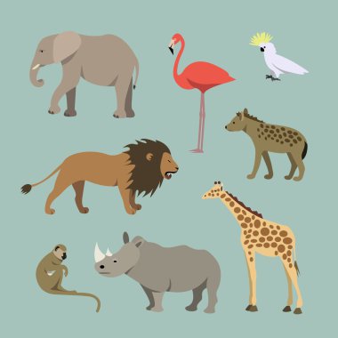 Set Of Different African Animals. Animals of the African savanah lioness, elephant, rhinoceros, giraffe, flamingo, monkey, hyena clipart