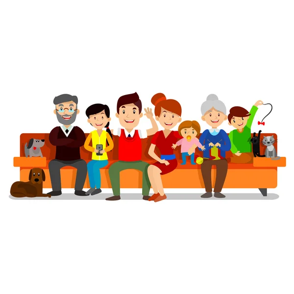 Große glückliche Familie auf dem Sofa sitzen. Eltern mit Kindern. Vater, Mutter, Kinder, Opa, Oma, Hund und Katze. — Stockvektor