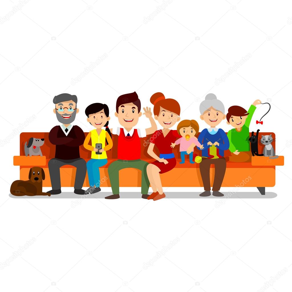 Big Happy Family sit on sofa. Parents with Children. Father, mother, children, grandpa, grandma, dog and cat.