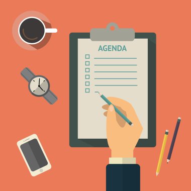 Agenda list concept vector illustration. Business concept with paper agenda, pen, coffee, watch, phone, clipboard in flat style.