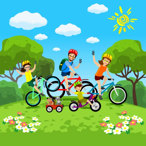 Family with kids concept of cycling in the park. Happy family riding bikes. The family in the park on bicycles — 스톡 벡터