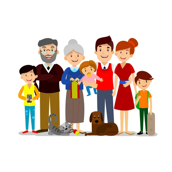 Gran Familia Feliz. Padres con hijos. Padre, madre, hijos, abuelo, abuela, perro y gato . — Vector de stock