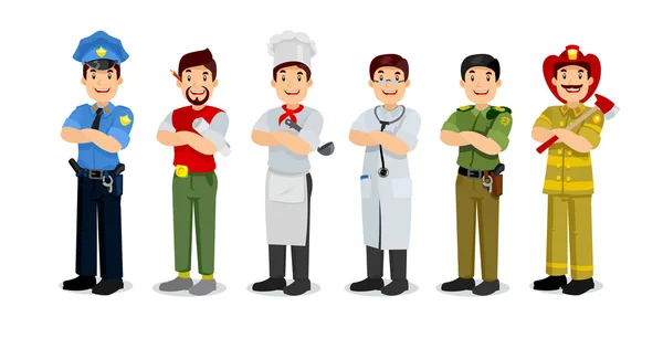 Conjunto de profissionais coloridos homem estilo plano ícones policial, artista, fogão, militar, médico, bombeiro . — Vetor de Stock