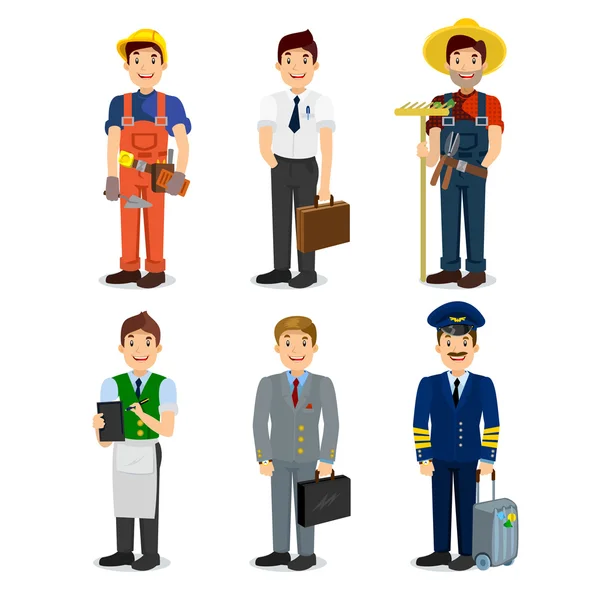 Set of colorful profession man flat style icons pilot, businessman, builder, waiter, farmer, manager. — Stock Vector